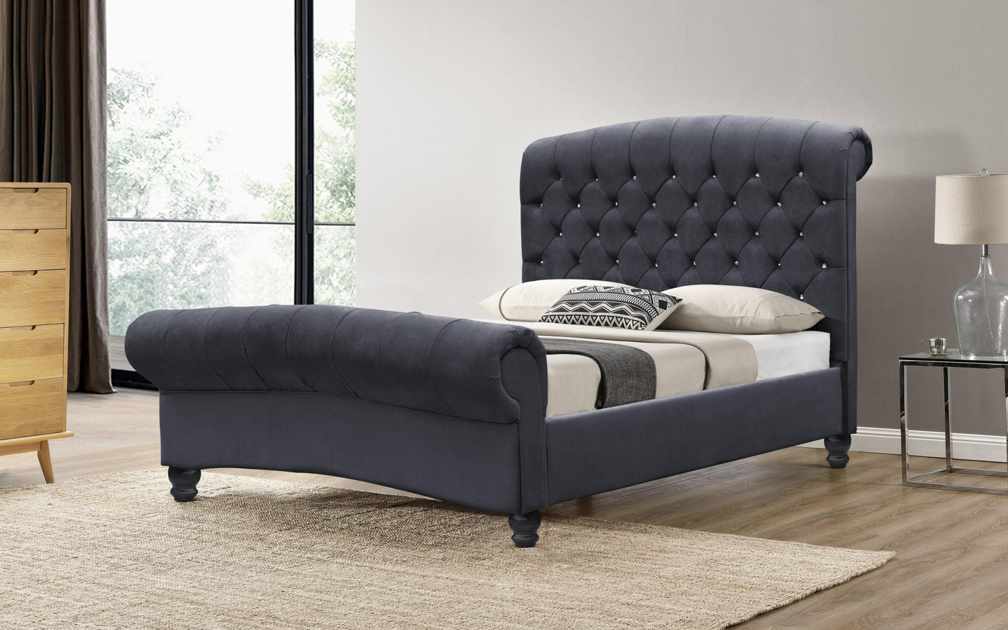 Luxurious Cannes Plush Velvet Diamante Chesterfield Sleigh Bed - Elegance Redefined