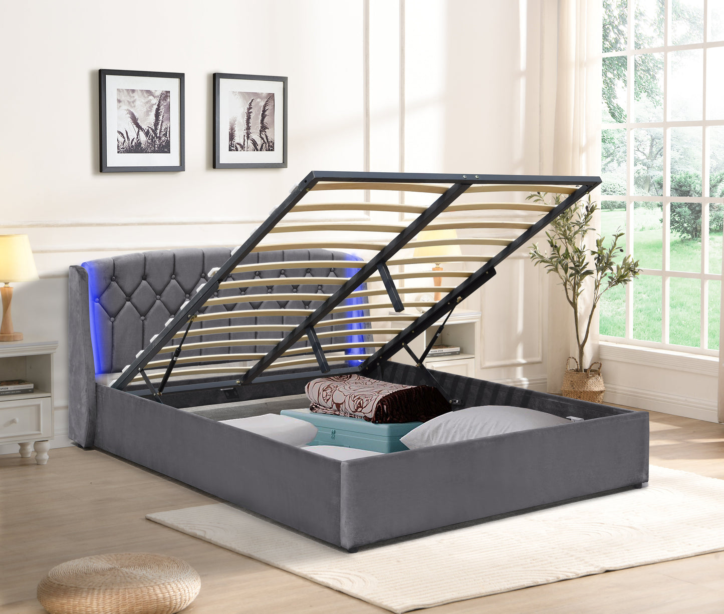 Fabric Gas lift Bedframe LED Headboard Grey Green 3ft 4ft6 5ft Bedroom Furniture
