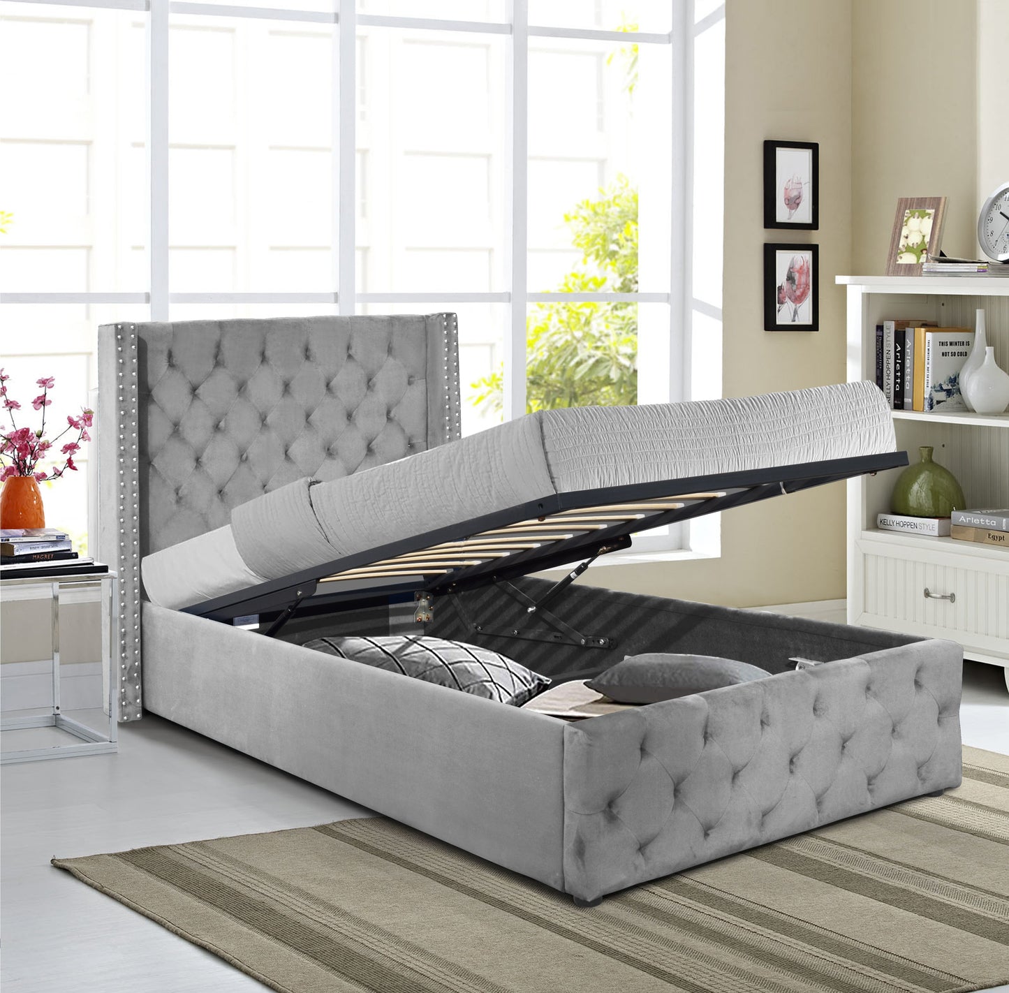 Winged Plush Velvet Ottoman Bed