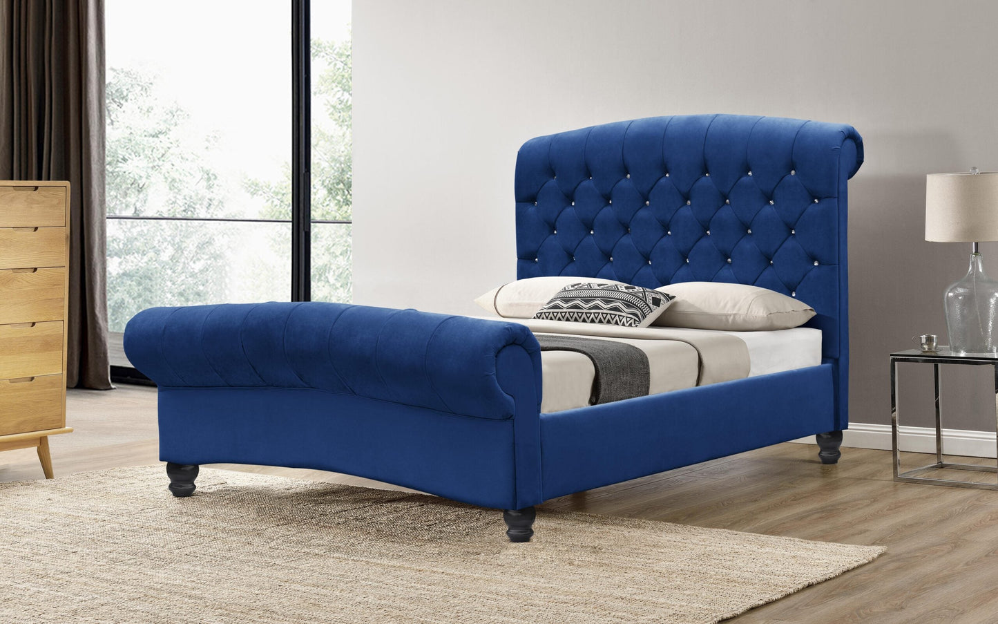 Luxurious Cannes Plush Velvet Diamante Chesterfield Sleigh Bed - Elegance Redefined